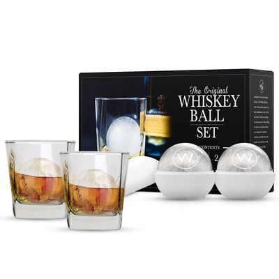 The Original Whiskey Ball (Duo Set), Whiskey Ice Ball Maker Mold, 2-Pack Premium Silicone Sphere Molds with 2 Rock Glasses Easy Release & No Leak Design for Superb Whiskey