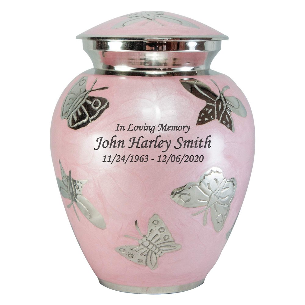 Pink Butterfly Medium Size Cremation Urn with Personalization