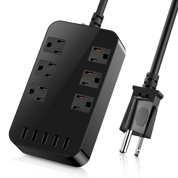 ZONV Wall Mount Power Outlet 6 AC Multi-Outlet Extender 5 USB Charging Ports Black Flat Plug 6ft Extension Cord 10A 2500W Compact Plug and Socket Home Office