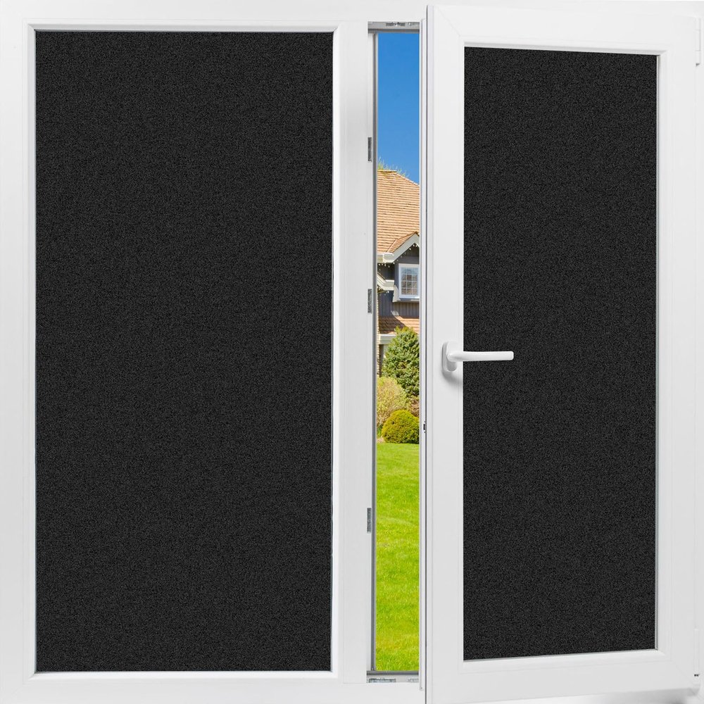 Total Blackout Window Privacy Film Day and Night 100% Light Blocking Static Cling Room Darkening Window Tint Black Door Stickers for Home Office, No Glue Anti-UV (Frosted-Black, 17.5 Inch x 7.8 Feet)