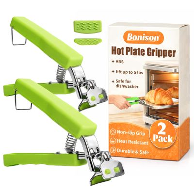 2 Pack Hot Plate Gripper Clips Holder Tongs for Moving Hot Plate Bowls Pizza Pan Air Fryer Microwave Oven with Food Out, Green