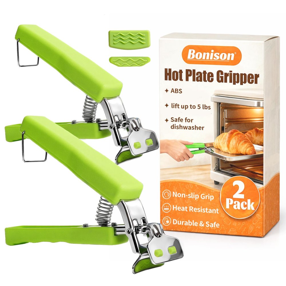 2 Pack Hot Plate Gripper Clips Holder Tongs for Moving Hot Plate Bowls Pizza Pan Air Fryer Microwave Oven with Food Out, Green