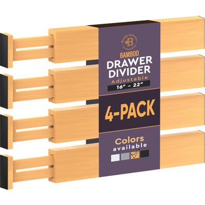 4 Pack Drawer Divider - 2.6" High, 16" to 22" Adjustable Bamboo Drawer Organizers for Clothes, Expandable Dresser Separators in Bedroom/Bathroom/Kitchen/Office Organization and Storage (Natural)