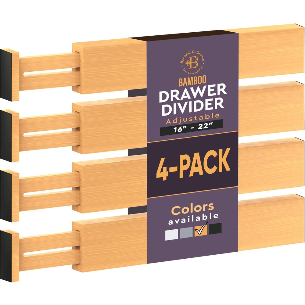 4 Pack Drawer Divider - 2.6" High, 16" to 22" Adjustable Bamboo Drawer Organizers for Clothes, Expandable Dresser Separators in Bedroom/Bathroom/Kitchen/Office Organization and Storage (Natural)