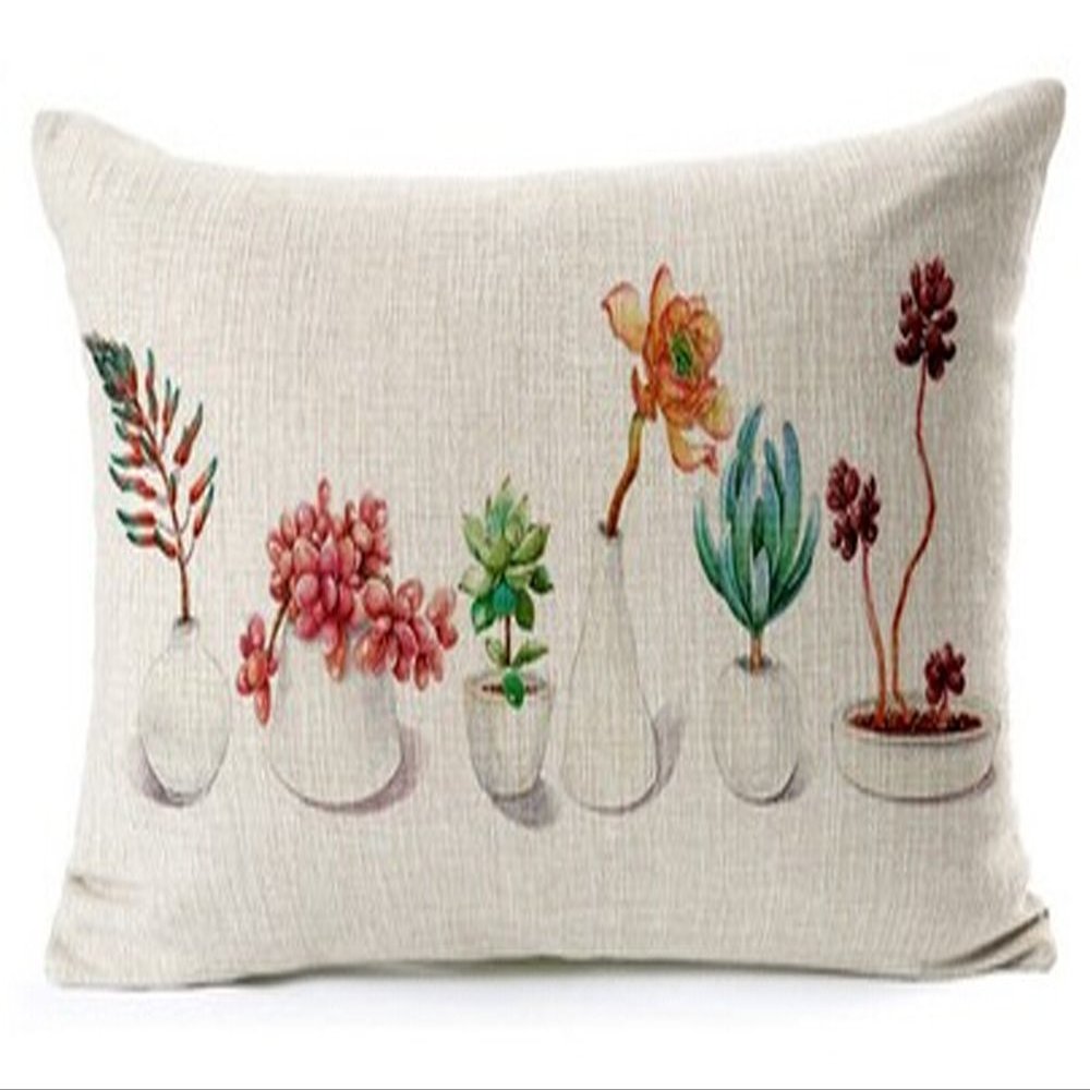 Andreannie Fresh and Colorful Hand-Painted Potted Plants Succulents Cotton Linen Throw Waist Lumbar Pillow Case Cushion Cover Home Office Decorative Rectangle 12 X 20 Inches
