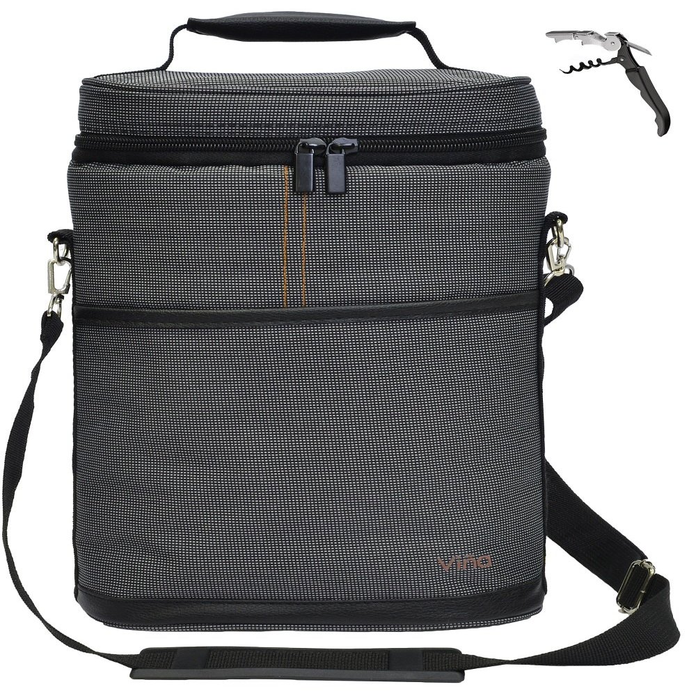 Vina 2-bottle Wine Carrier Bag Beer Carrying Tote Bags Picnic Cooler Insulated Travel Wine Pouch, Gray +Free Corkscrew