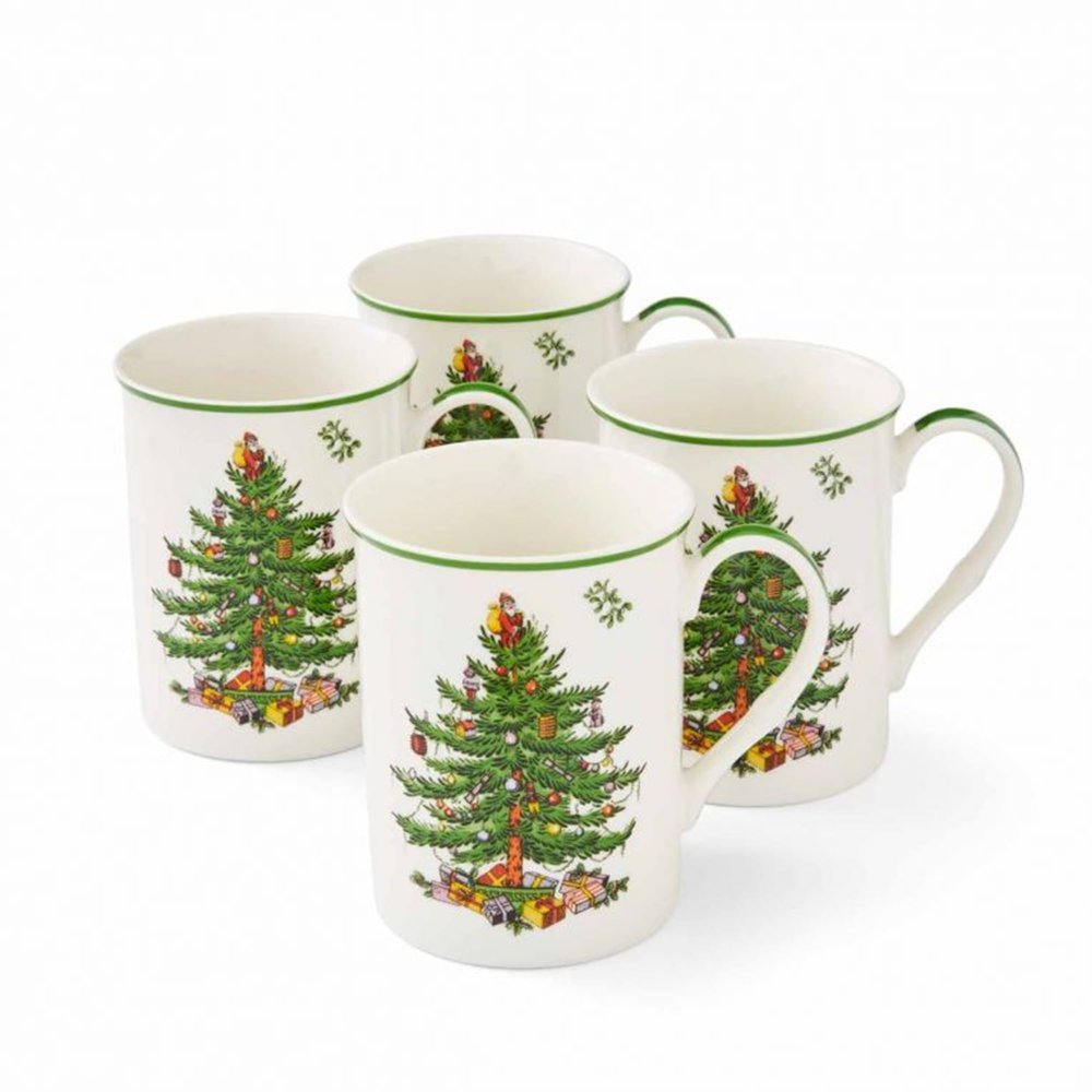 Spode Christmas Tree Stackable Mugs, Set of 4 - Festive 12oz Holiday Coffee Cups for Tea, Hot Cocoa - Fine Earthenware, Space-Saving Design, Dishwasher & Microwave Safe - Holiday Drinkware