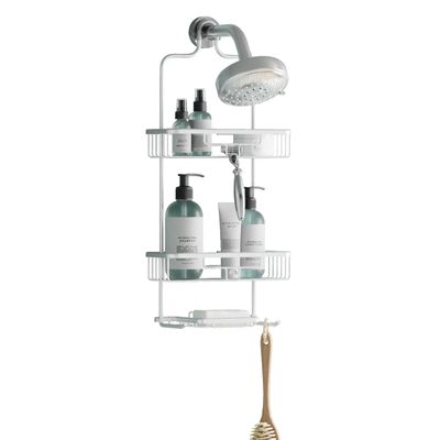 Zenna Home Rustproof Hanging Shower Caddy, Over the Shower Head Caddy with 2 Shelves and Built In Hooks, Aluminum Bathroom Hanging Organizer, Satin Chrome
