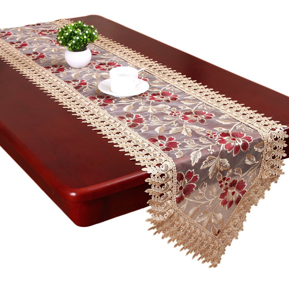 Grelucgo Burgundy Lace Table Runners Dresser Scarves (16 x 72 inch)