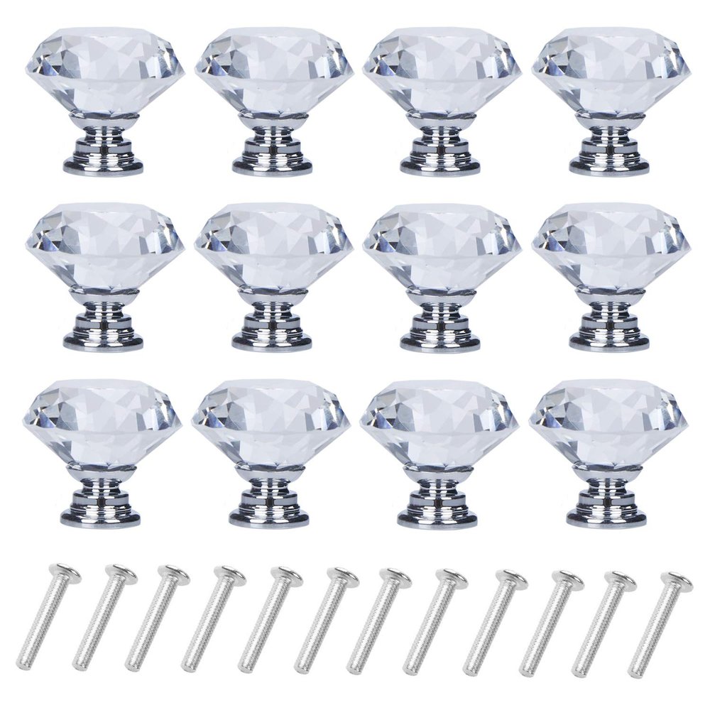 YourGift 12 Pack Drawer Knobs Diamond Shaped Crystal Glass 30mm Cabinet Knobs Pull Handles (Silver)