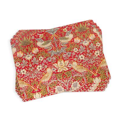 Pimpernel Morris & Co Strawberry Thief Red Placemats, Set of 4 - Heat & Stain Resistant, Cork Back Table Mats Featuring Classic Birds & Botanical Design - Minimal Tableware for Hosting