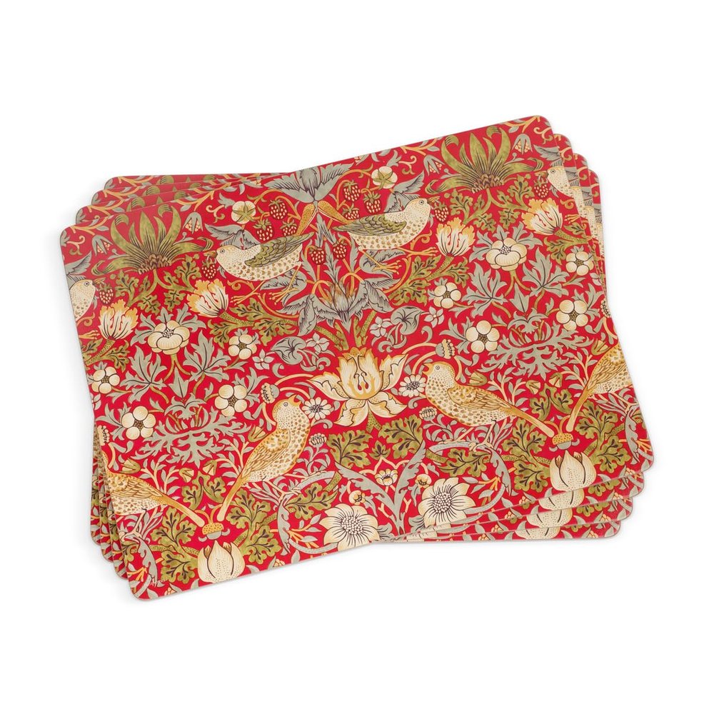 Pimpernel Morris & Co Strawberry Thief Red Placemats, Set of 4 - Heat & Stain Resistant, Cork Back Table Mats Featuring Classic Birds & Botanical Design - Minimal Tableware for Hosting