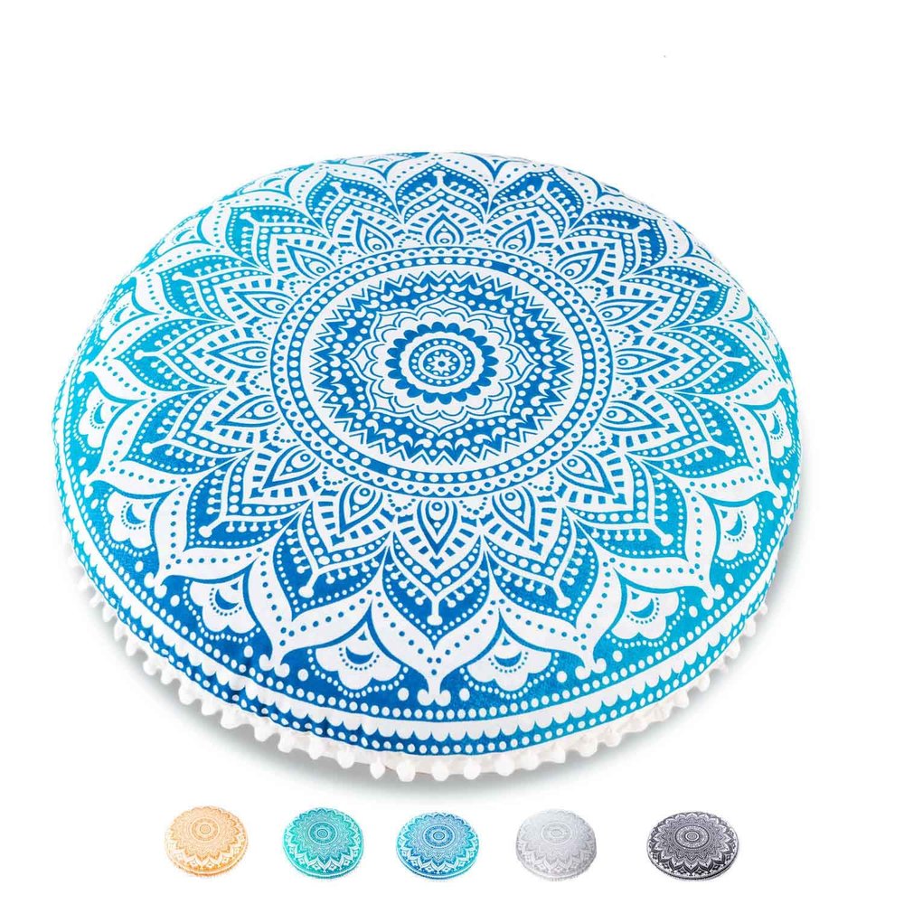 Mandala Life ART Yoga Decor Floor Cushion Cover - Round Meditation Pillow Case - Hand Printed Organic Cotton Pouf
