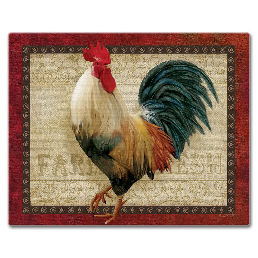 CounterArt Farm Fresh Rooster 3mm Heat Tolerant Tempered Glass Cutting Board 15 x 12 Serving Board Charcuterie Dishwasher Safe