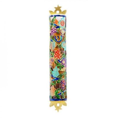 Hand Painted Laser Cut Metal Mezuzah in Pomegranate Design/Multicolor