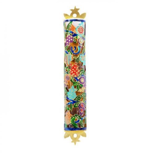 Hand Painted Laser Cut Metal Mezuzah in Pomegranate Design/Multicolor