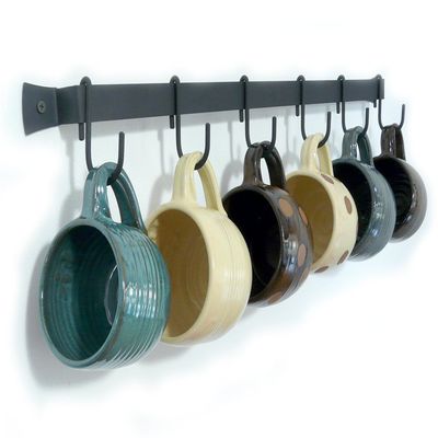 Wall-Mounted Wrought Iron Mug Rack, 24.5" with 6 Cup Hooks, Made in USA