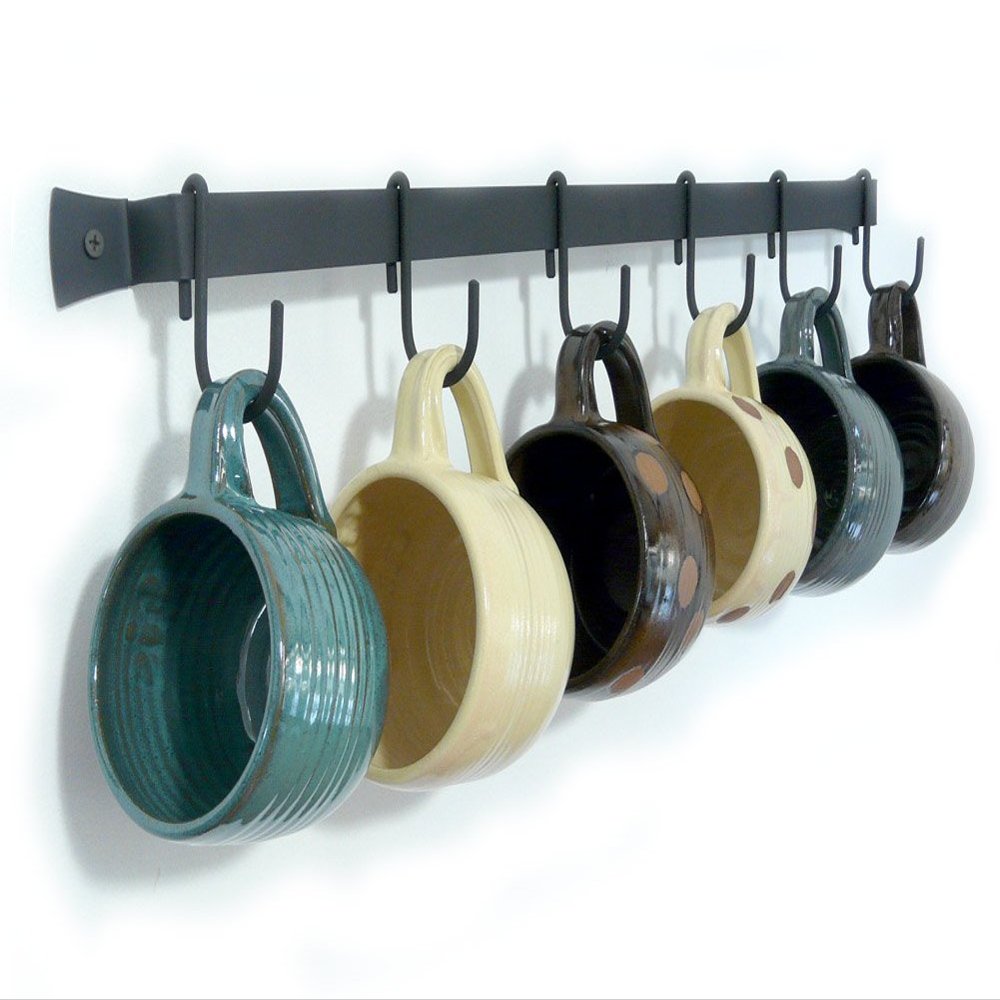 Wall-Mounted Wrought Iron Mug Rack, 24.5" with 6 Cup Hooks, Made in USA