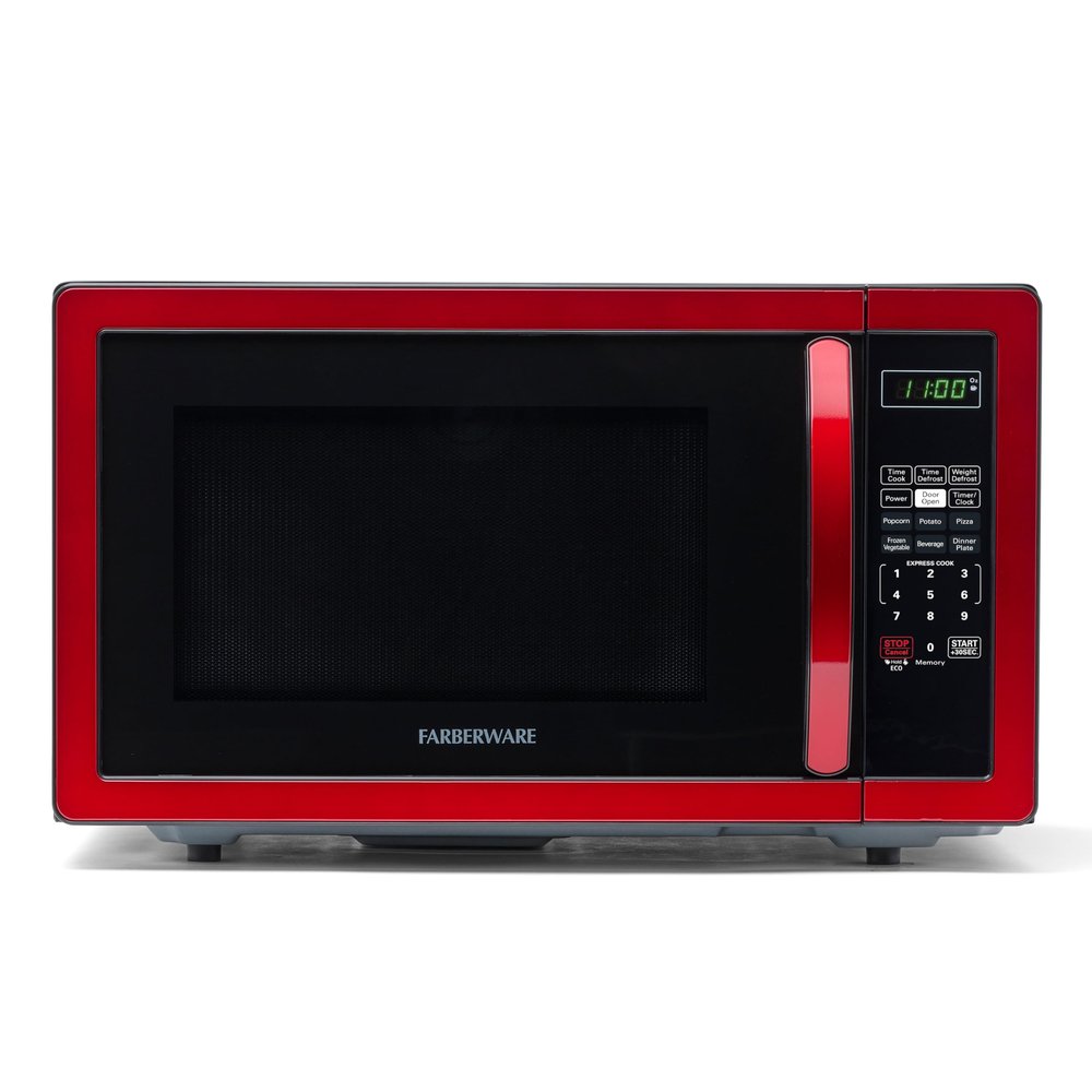 Farberware 1.1 Cu. Ft. Countertop Microwave Oven 1000 Watts Power, Auto Cook Settings, Defrost, Easy Clean and Child Safety Lock - Metallic Red
