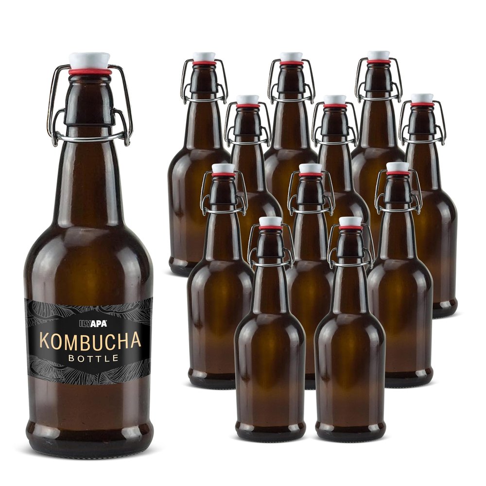 Ilyapa 16 Ounce Amber Swing Top Glass Bottles - 12 Pack Flip Top with Airtight Lid, for Home Brewing - Kombucha, Soda, Coquito, Kefir, Juice
