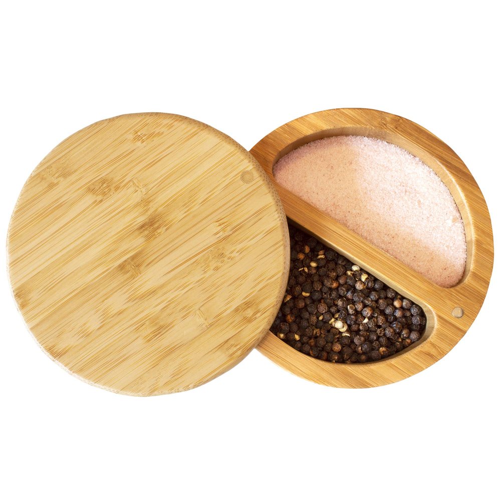 Totally Bamboo Salt Keeper Duet Bamboo Salt Cellar with Dual Compartments for Salt and Pepper or Spices, Magnetic Swivel Lids, Natural Bamboo Salt Box, 8 Ounce Capacity