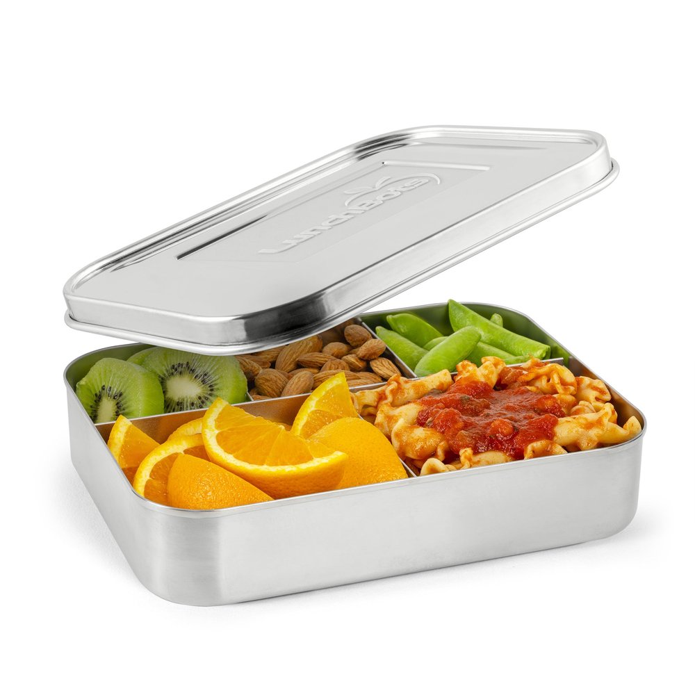 LunchBots Large Cinco Stainless Steel Lunch Container - Five Section Design Holds a Variety of Foods - Metal Bento Box - Dishwasher Safe - Stainless Lid