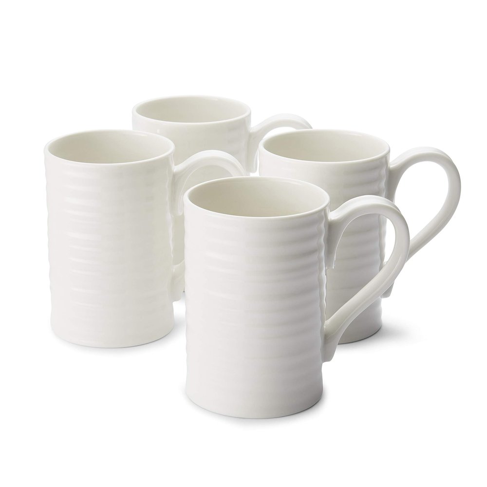 Portmeirion Sophie Conran Tall Mugs, Set of 4 12 Oz Fine Porcelain Coffee & Tea Cups Stylish Everyday Drinkware for Dining & Entertaining, Elegant White Kitchen Tableware