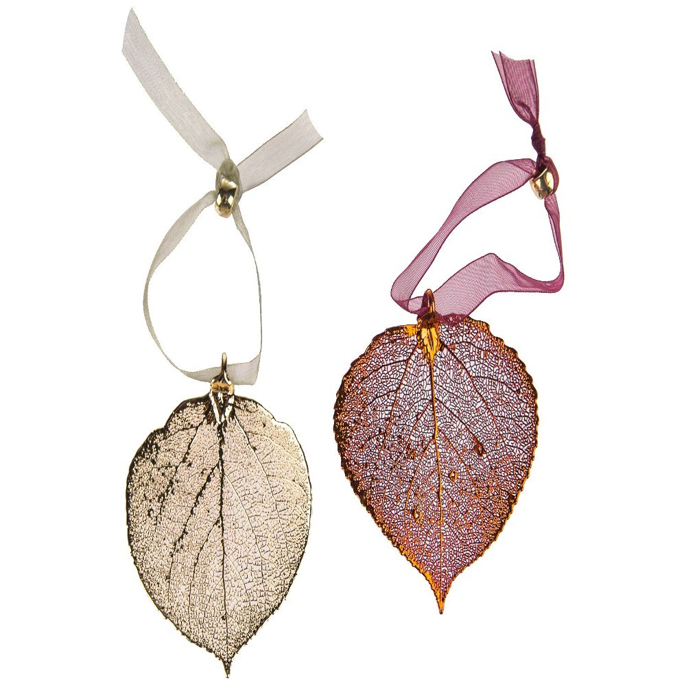 Aspen Leaf Ornaments, Set of 2 - One Copper Dipped, One Gold Dipped, Real Leaves, 2.5 Inch Length, Adjustable Ribbon Ties