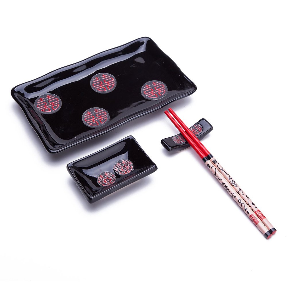 THY COLLECTIBLES 4 Pcs Japanese Sushi Plate Dinnerware Set Black With Chinese Double Happiness Design