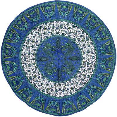 India Arts Floral Peacock Round Cotton Tablecloth 72" Blue