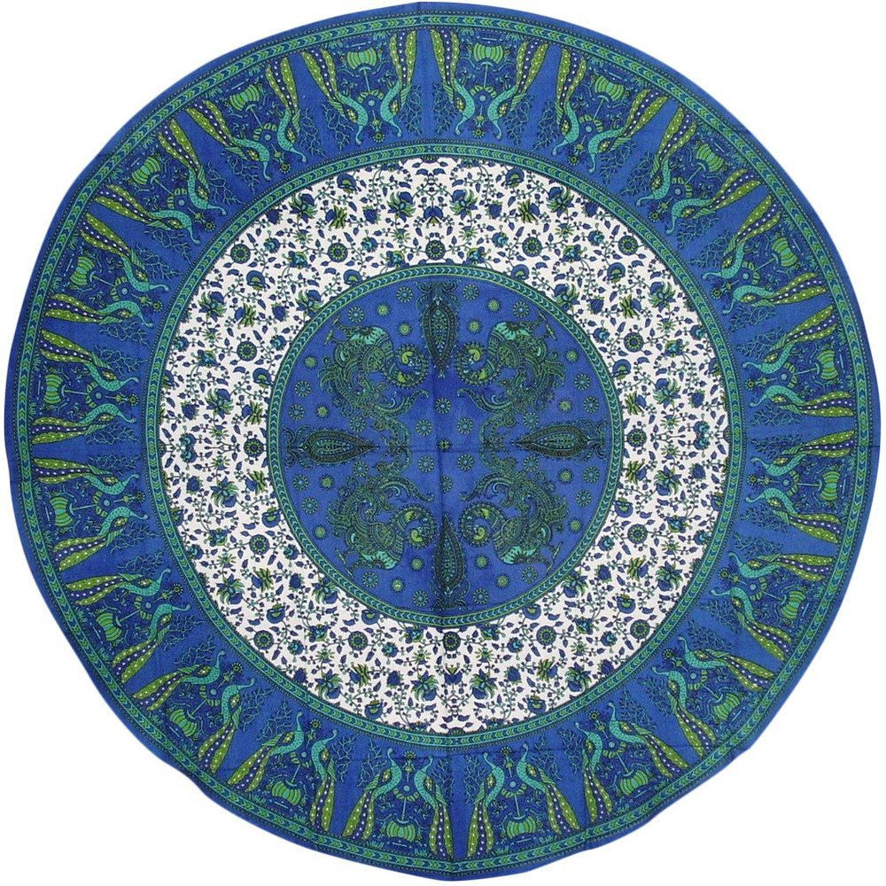 India Arts Floral Peacock Round Cotton Tablecloth 72" Blue