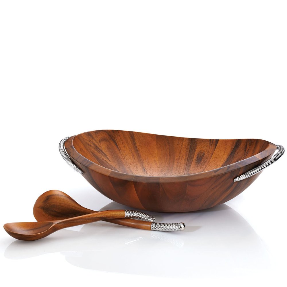 nambe Braid Salad Bowl with Servers | 3-Piece Set | Large Wooden Serving Bowl for Caesar Salad, Large Salads | Big Salad Bowl with Serving Utensils | Made of Chrome & Acacia Wood (20 L x 16 W)