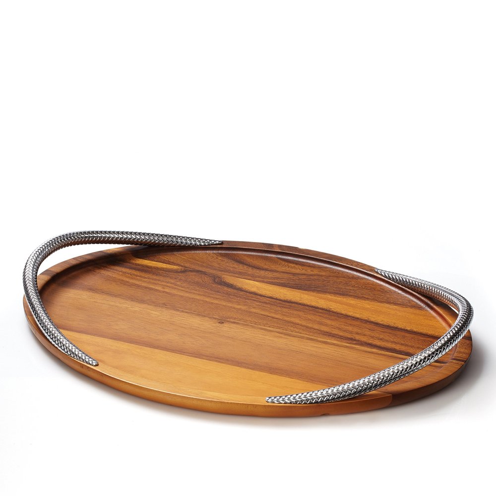 Nambe Braid 19-Inch Serving Platter - Modern Scandinavian Wood Tray with Braided Chrome Handles, Elegant Entertaining & Dining Piece for Charcuterie, Appetizers & Cocktails