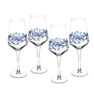 Spode Blue Italian Stemmed Wine Glasses, Set of 4 - 16oz Decorative Goblets with Scroll Rim Detailing & Countryside Scene for Red or White Wine, Dining, Entertaining - Great Mother's Day Gift