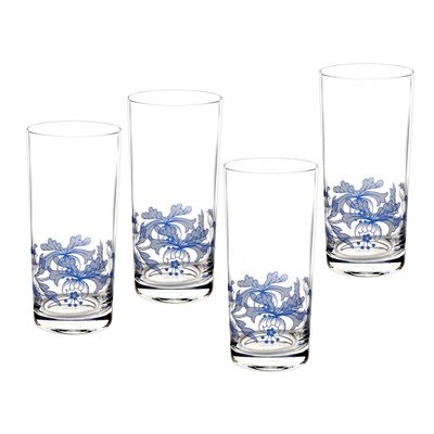 Spode Blue Italian Decorative Highball Glasses, Set of 4 - 15oz Tall Beverage Tumblers with Traditional Motif & Etched Scenic Border for Water, Cocktails, Mixed Drink Presentation - Housewarming Gift