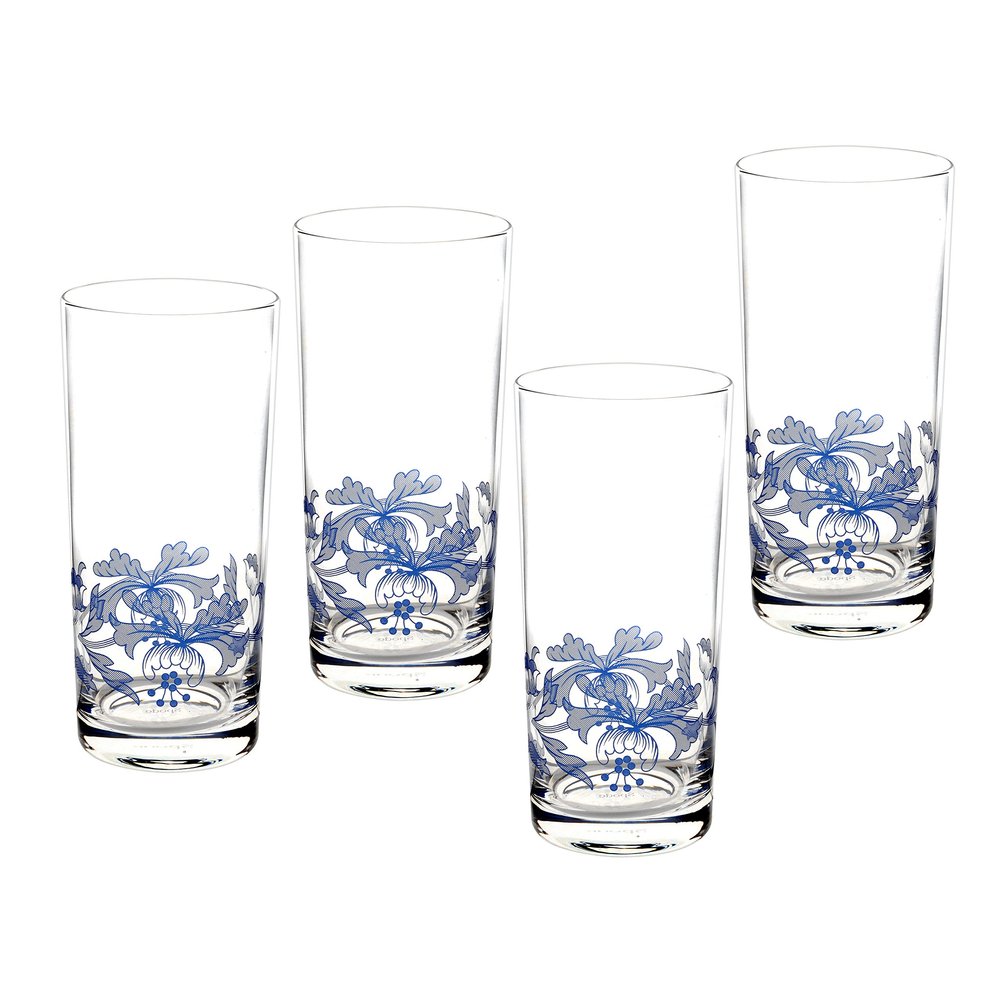 Spode Blue Italian Decorative Highball Glasses, Set of 4 - 15oz Tall Beverage Tumblers with Traditional Motif & Etched Scenic Border for Water, Cocktails, Mixed Drink Presentation - Housewarming Gift