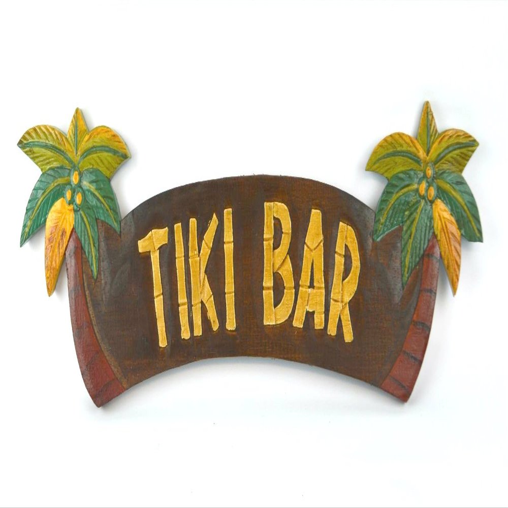 WorldBazzar Hand Carved Tiki BAR Sign with Two Palm Trees 3D