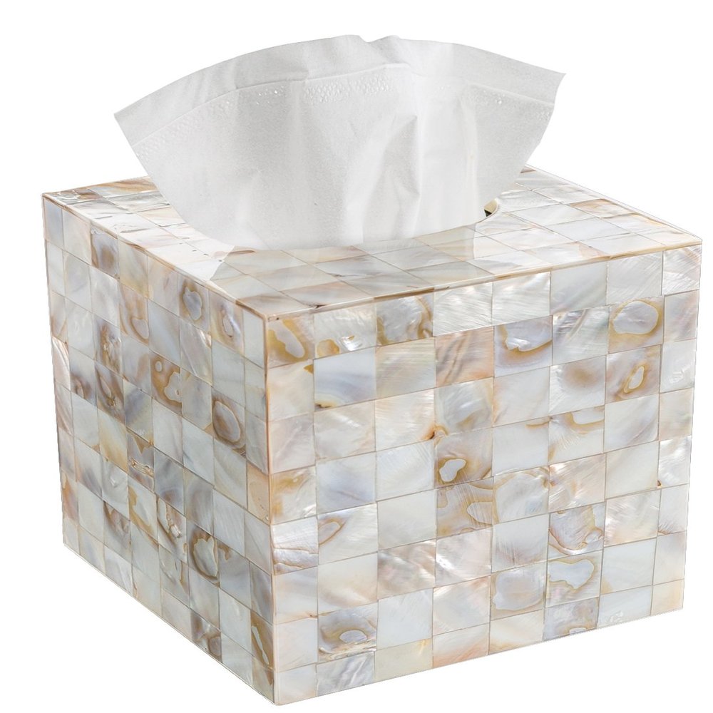 Milano Tissue Box Cover Square Decorative Tissue Holder for Bathroom - Beautiful Natural Mother of Pearl Capiz Shells Tissue Box Holder - Cube Tissue Box Cover with Durable Bottom Slider