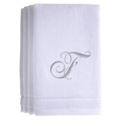 Monogrammed Towels Fingertip, Personalized Gift, 11 x 18 Inches - Set of 4- Silver Embroidered Towel - Extra Absorbent 100% Cotton- Soft Velour Finish - For Bathroom/ Kitchen/ Spa- Initial F (White)