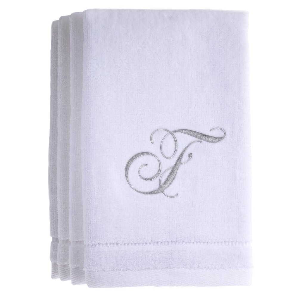 Monogrammed Towels Fingertip, Personalized Gift, 11 x 18 Inches - Set of 4- Silver Embroidered Towel - Extra Absorbent 100% Cotton- Soft Velour Finish - For Bathroom/ Kitchen/ Spa- Initial F (White)