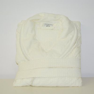LUXURIOUS 100% Egyptian Cotton Jacquard Velour Shawl Collar Waffle Weave Unisex SpaBath Robe, Strong and Absorbent, Ivory Color