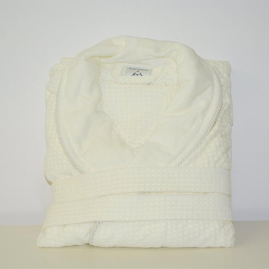 LUXURIOUS 100% Egyptian Cotton Jacquard Velour Shawl Collar Waffle Weave Unisex SpaBath Robe, Strong and Absorbent, Ivory Color