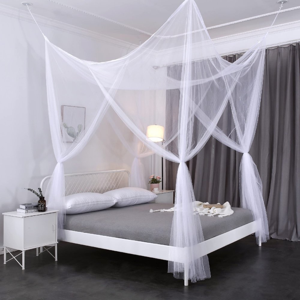 OctoRose Four Post Mosquito Net for Bed Canopy -Fits Queen, King, California King Beds-Indoor & Outdoor Use- White