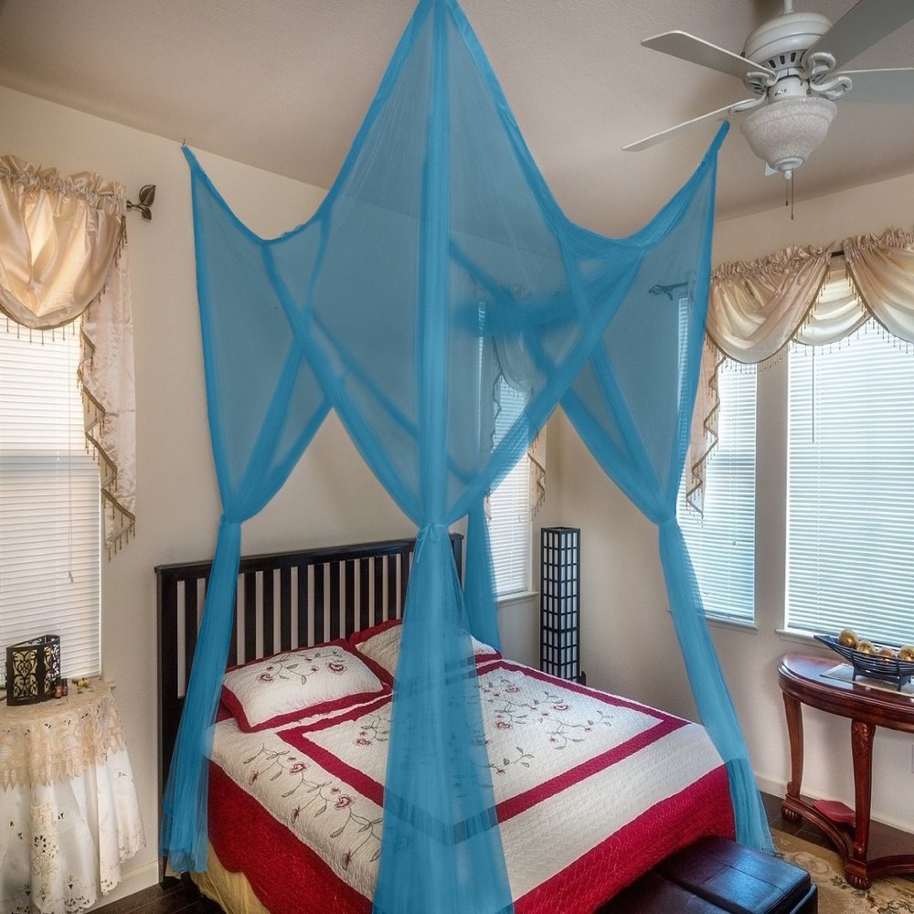OctoRose Four Post Mosquito Net for Bed Canopy -Fits Queen, King, California King Beds-Indoor & Outdoor Use- TealBlue