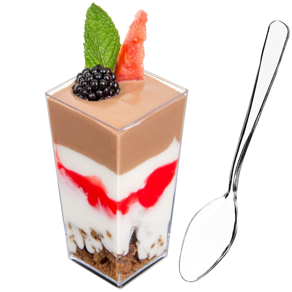 DLux 50 x 3 oz Mini Dessert Cups with Spoons, Square Tall - Clear Plastic Parfait Appetizer Cup - Small Reusable Serving Bowl for Party Desserts Appetizers - With Recipe Ebook