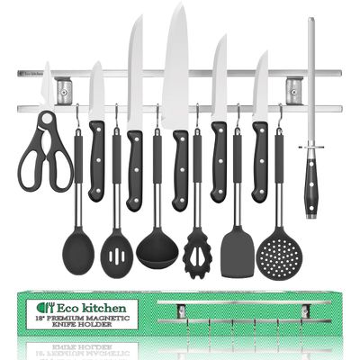 Magnetic Knife Holder for Wall - Stainless Steel Knife Magnetic Strip 18 Inch - Wall Knife Magnet Bar Rack With Hooks