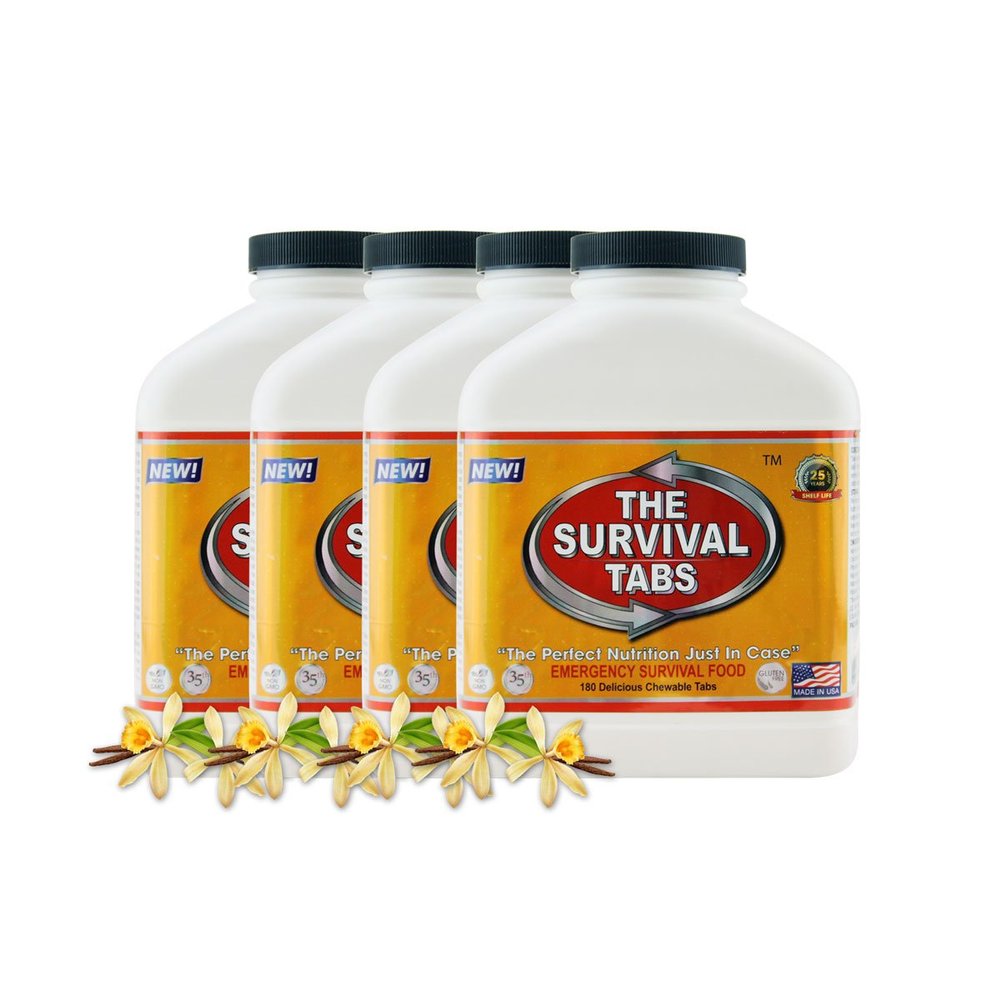 Emergency Food Survival Protein Substitute MRE Tabs - Vitality Sciences Survival tabs (8 Week Supply) (4 Bottle x 180 Tablets = 720 Tablets/Vanilla)