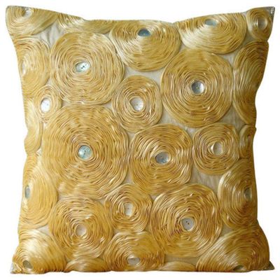 The HomeCentric Pillow Cover, 22x22 inch (55x55 cm) Cushion Covers, Gold Cushion Covers, Ribbon Gold Rose Flower Floral Theme Throw Pillows Cover, Art Silk Square Pillows Cover, Floral - Gold Garden