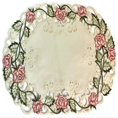 Doily Boutique Place Mat or Doily with Victorian Pink Roses on Ivory Material, Size 11 x 17 inches