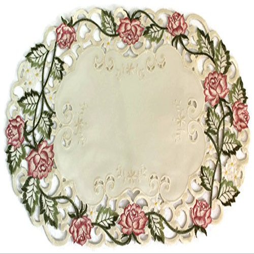 Doily Boutique Place Mat or Doily with Victorian Pink Roses on Ivory Material, Size 11 x 17 inches